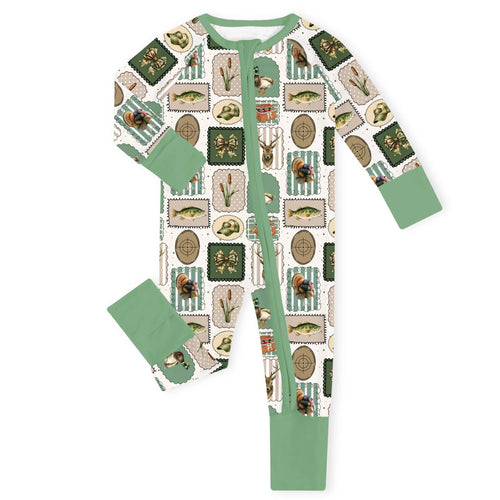 Vintage Sportsman Stamps Green Bamboo Zipper Romper Pajamas