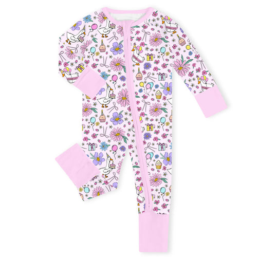 Birthday Goose Party Soft Pink Bamboo Zipper Romper Pajamas