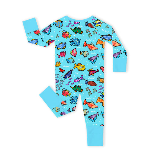 Blue Ocean Fish Frenzy Bamboo Zipper Romper Pajamas