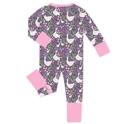Wildflower Meadow Geese Deep Pink Bamboo Zipper Romper Pajamas