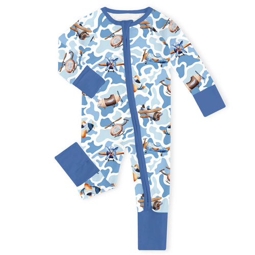 Sky Camo Vintage Aviator Bamboo Zipper Romper Pajamas
