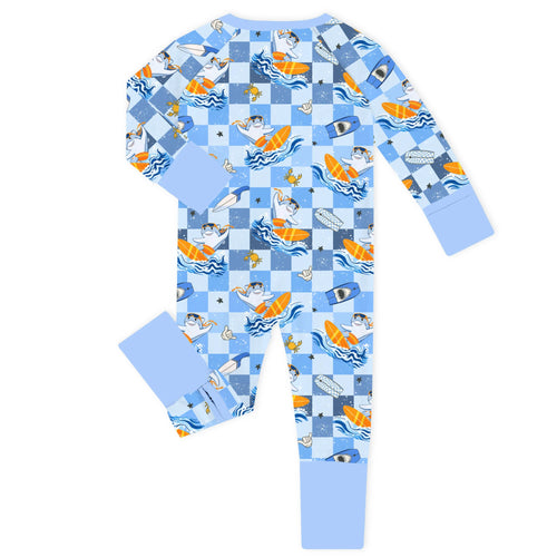 Surf's Up Sharks Blue Bamboo Zipper Romper Pajamas