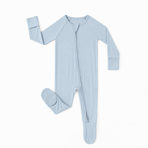 Solid Sky Blue Bamboo Zipper Footie Pajamas