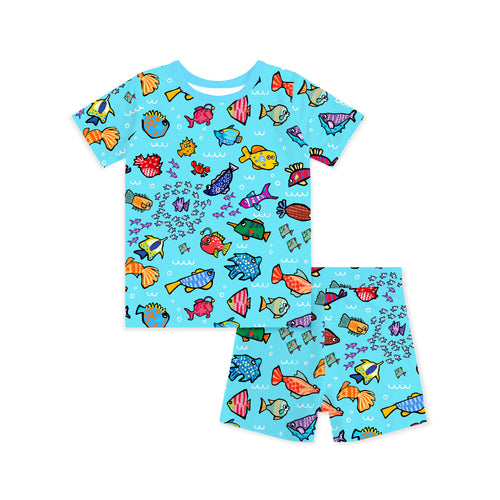 Blue Ocean Fish Frenzy Bamboo Two-Piece Pajama Short Sleeve Set