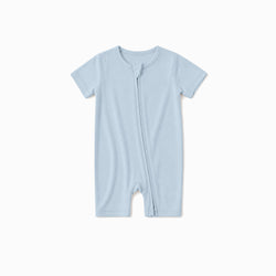 Solid Sky Blue Baby Bamboo Short Zipper Romper Pajamas