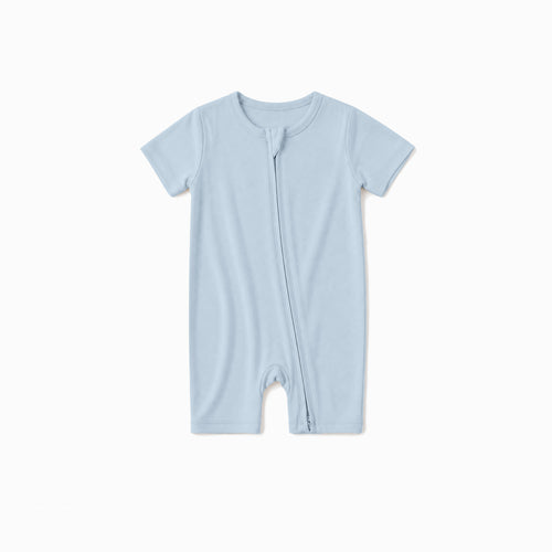 Solid Sky Blue Baby Bamboo Short Zipper Romper Pajamas