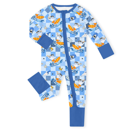 Surf's Up Sharks Royal Blue Bamboo Zipper Romper Pajamas