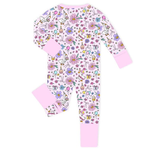 Birthday Goose Party Soft Pink Bamboo Zipper Romper Pajamas