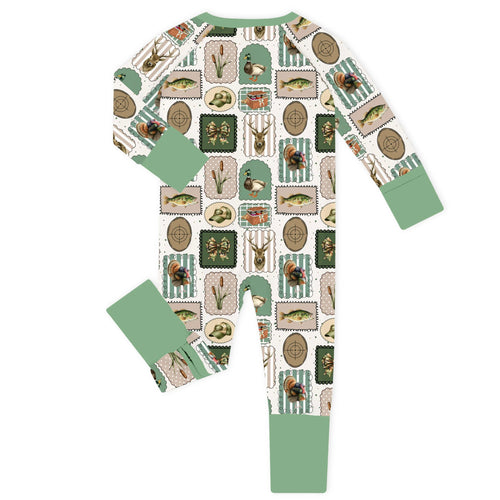 Vintage Sportsman Stamps Green Bamboo Zipper Romper Pajamas