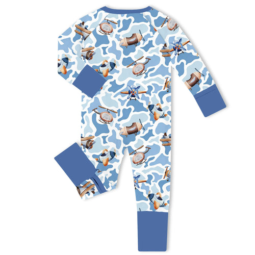 Sky Camo Vintage Aviator Bamboo Zipper Romper Pajamas