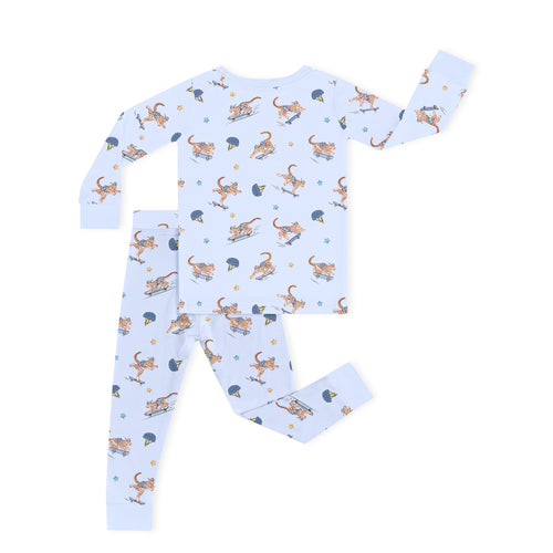 Skateboarding Leopard Blue Kids Bamboo Two-Piece Pajama Set