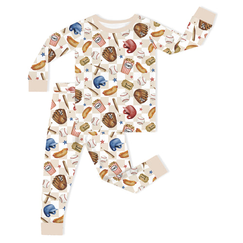 Khaki Plaid Baseball Snack Adventure Kids Bamboo Two-Piece Pajama Set