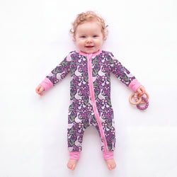Wildflower Meadow Geese Deep Pink Bamboo Zipper Romper Pajamas
