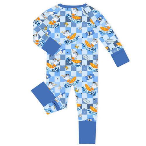 Surf's Up Sharks Royal Blue Bamboo Zipper Romper Pajamas