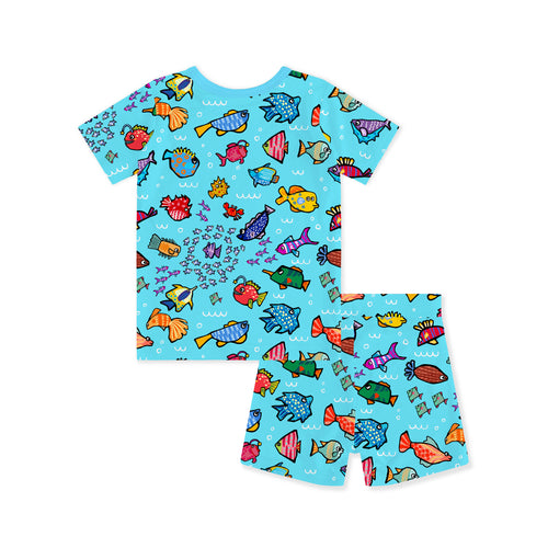 Blue Ocean Fish Frenzy Bamboo Two-Piece Pajama Short Sleeve Set