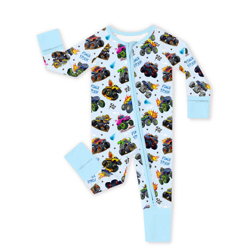 Wild Truck Power Adventure and Flags Bamboo Zipper Romper Pajamas