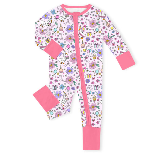 Birthday Goose Party Pink Bamboo Zipper Romper Pajamas