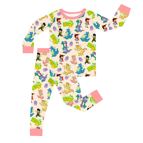 FancyPrince Cartoon Dragon Pink Kid Bamboo Two-Piece Pajama Set