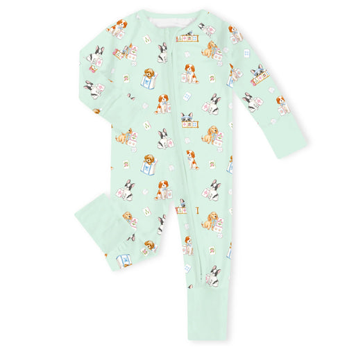 Lucky Mahjong Pups Bamboo Zipper Romper Pajamas