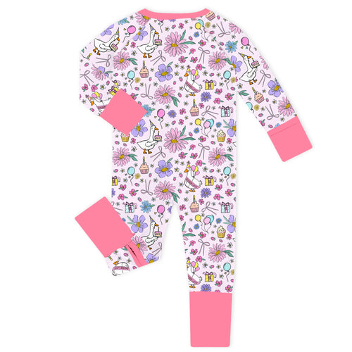 Birthday Goose Party Pink Bamboo Zipper Romper Pajamas