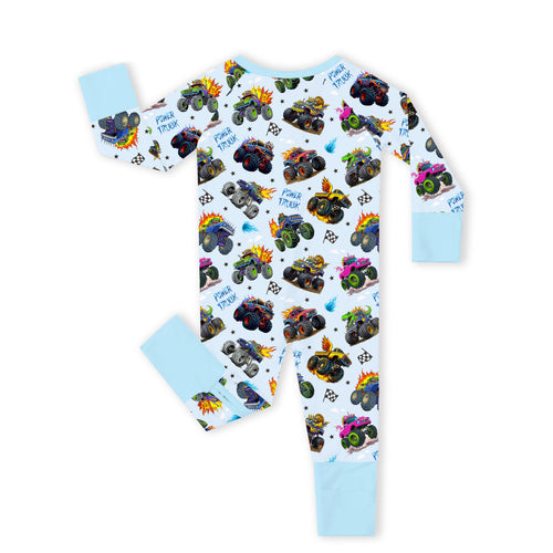 Wild Truck Power Adventure and Flags Bamboo Zipper Romper Pajamas