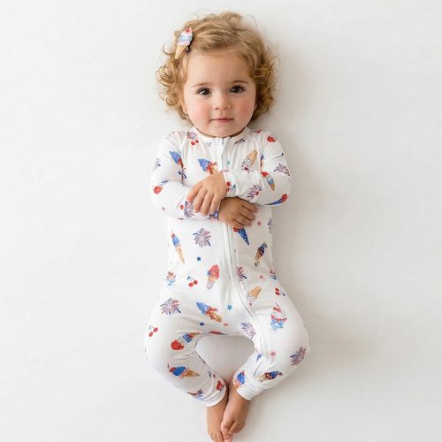 4th of July Ice Cream and Fireworks Bamboo Zipper Romper Pajamas