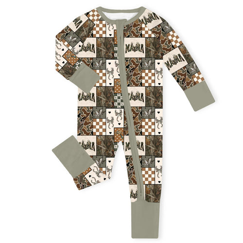 Mama Hunter Patchwork Green Bamboo Zipper Romper Pajamas