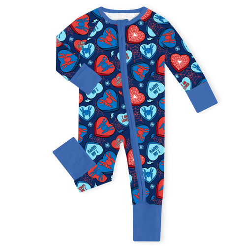 Hero Hearts Blue Bamboo Zipper Romper Pajamas