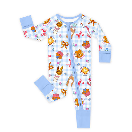 Sweet Bakery and Flower Bow in Blue Check Bamboo Zipper Romper Pajamas