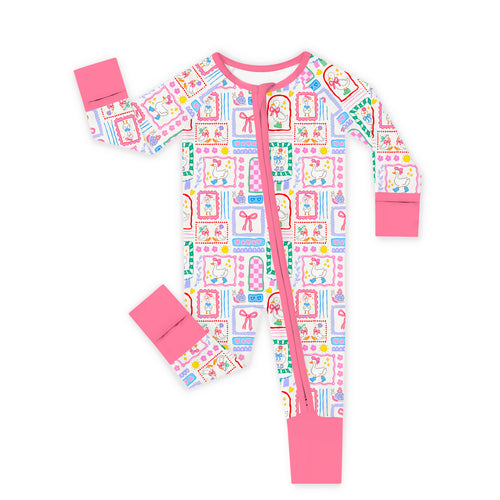 Sweet Duck Patchwork Pink Bow Bamboo Zipper Romper Pajamas