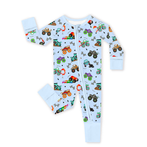 Big Wheels Truck Race Journey on Blue Bamboo Zipper Romper Pajamas