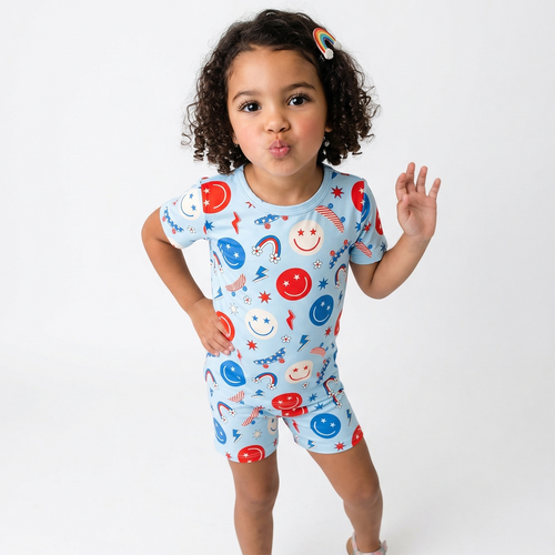 4th of July Smiley Faces and Colorful Rainbows Sky Blue Bamboo Two-Piece Pajama Short Sleeve Set
