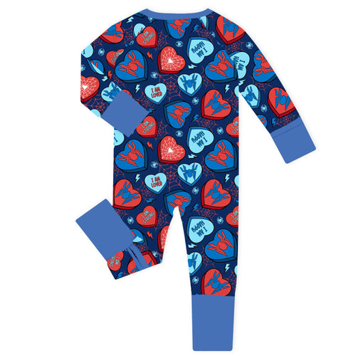 Hero Hearts Blue Bamboo Zipper Romper Pajamas