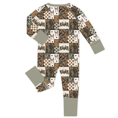 Mama Hunter Patchwork Green Bamboo Zipper Romper Pajamas