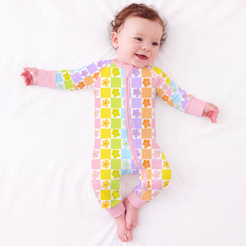Groovy Daisy Checkerboard Bamboo Zipper Romper Pajamas