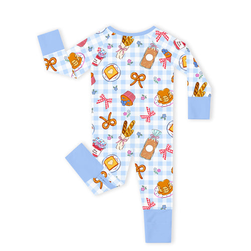 Sweet Bakery and Flower Bow in Blue Check Bamboo Zipper Romper Pajamas
