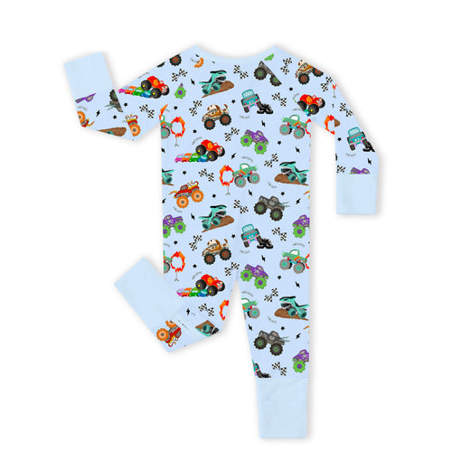 Big Wheels Truck Race Journey on Blue Bamboo Zipper Romper Pajamas