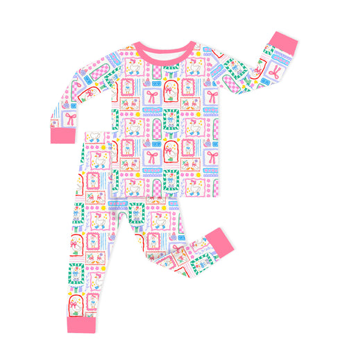 Sweet Duck Patchwork Pink Bow Kids Bamboo Two-Piece Pajama Set