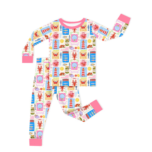 Seaside Market Pink Trim Kids Bamboo Two-Piece Pajama Set