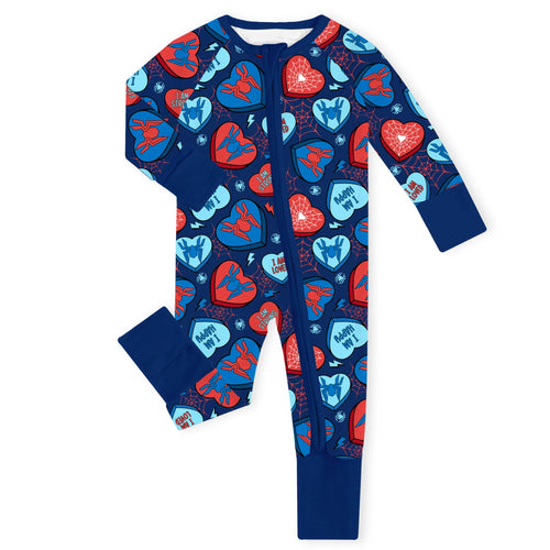 Hero Hearts Navy Bamboo Zipper Romper Pajamas