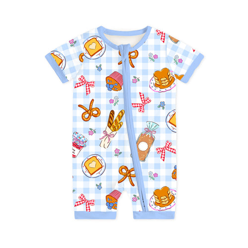 Sweet Bakery and Flower Bow in Blue Check Short Bamboo Zippy Baby Romper