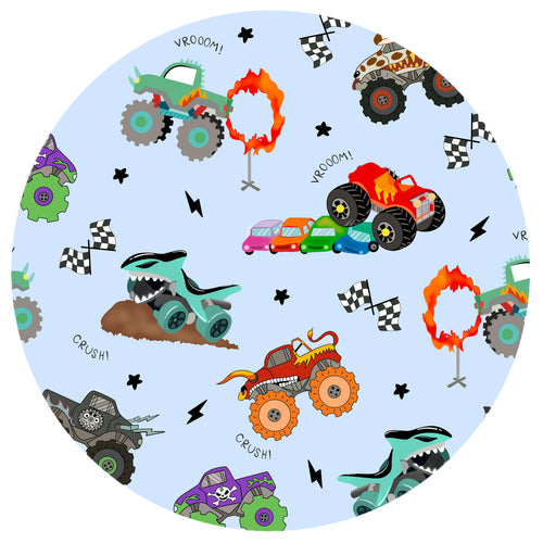 Big Wheels Truck Race Journey on Blue Bamboo Zipper Romper Pajamas