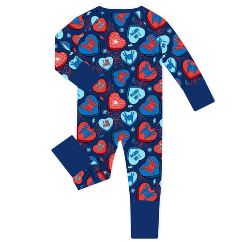Hero Hearts Navy Bamboo Zipper Romper Pajamas
