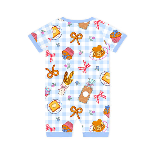 Sweet Bakery and Flower Bow in Blue Check Short Bamboo Zippy Baby Romper