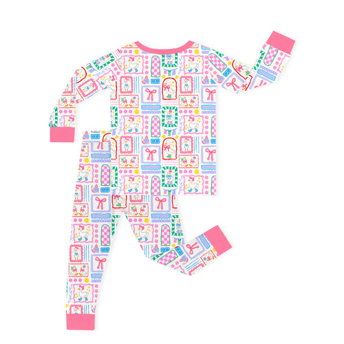 Sweet Duck Patchwork Pink Bow Kids Bamboo Two-Piece Pajama Set