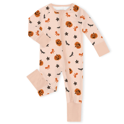 Halloween Pumpkin Bat Bow Bamboo Zipper Romper Pajamas