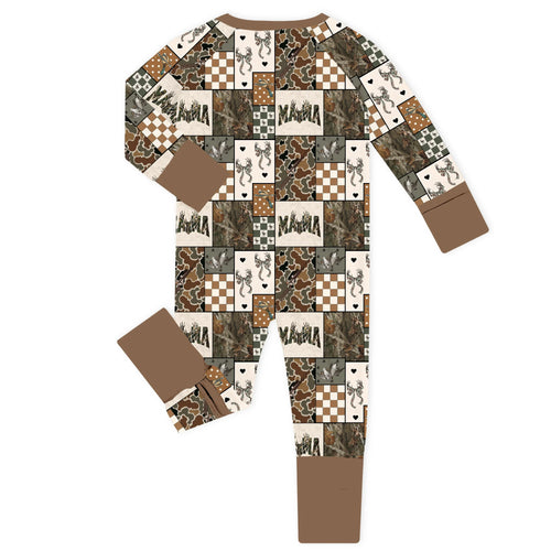 Mama Hunter Patchwork Brown Bamboo Zipper Romper Pajamas