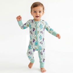 Monster Plaid Green Bamboo Zipper Romper Pajamas