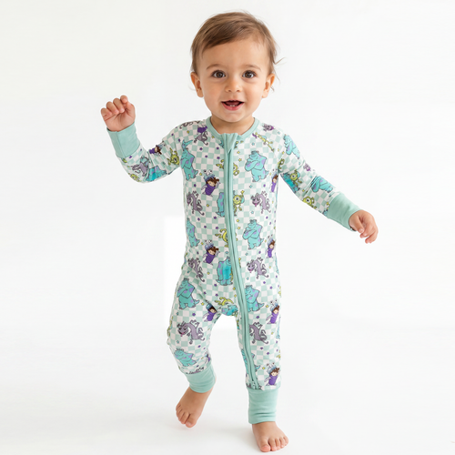 Monster Plaid Green Bamboo Zipper Romper Pajamas