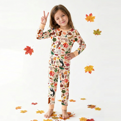 Autumn Woodland Wildlife and Fallen Leaves Peach Kids Two-Piece Pajama Set
